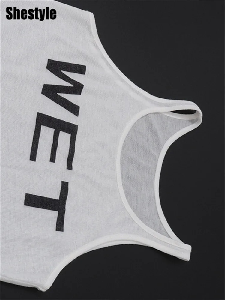 Shestyle Transparent White Crop Top Women Autumn Sleeveless Wet Letter Print Super Stars Same Style Tank Theatrical Costume 250407