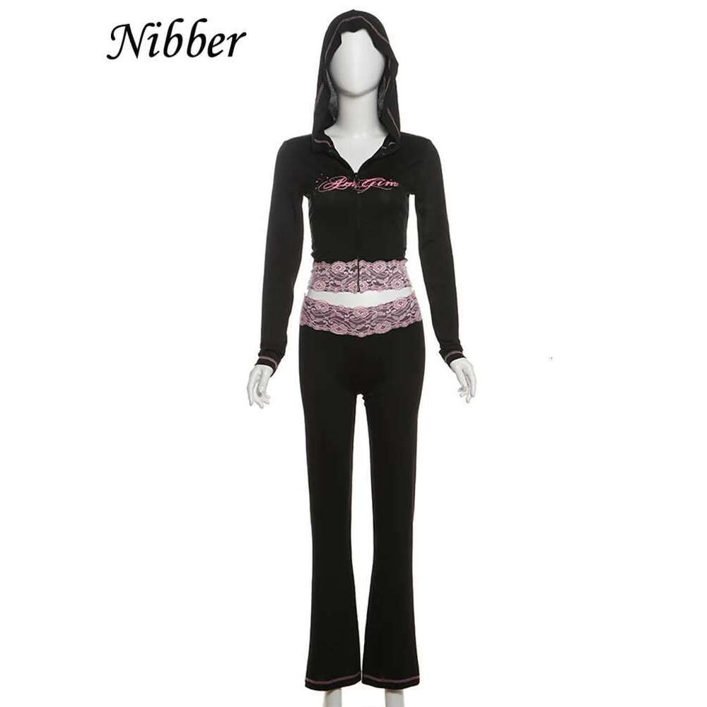 Nibber Lace Patchwork Woman 2 Piece Set Hooded Zip Crop Jacket+Patchwork Flare Pants Streetwear Casual Matching Outfits