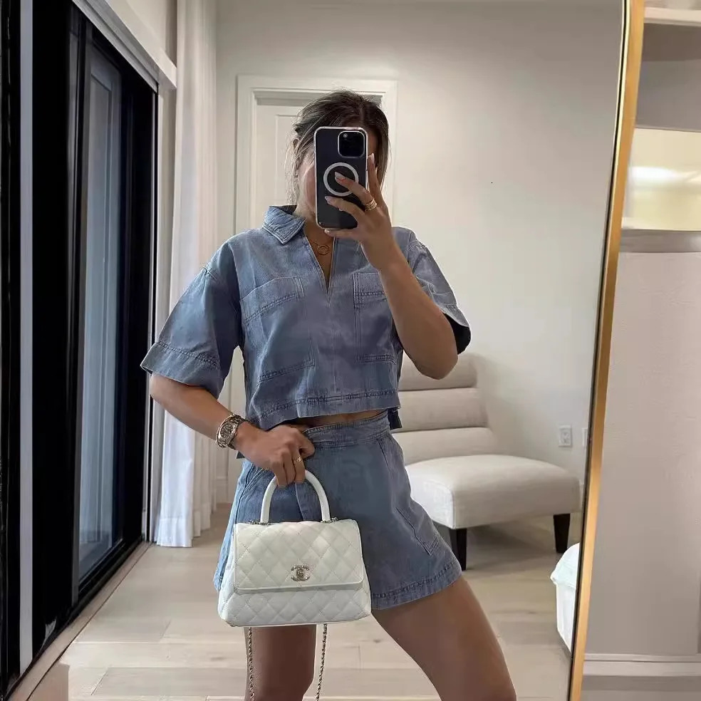Summer Women Blue Denim Skirt Suit Loose 2 Piece Set Short Sleeve with Pocket Shirt and Irregular Skirt Female Street Out 250408