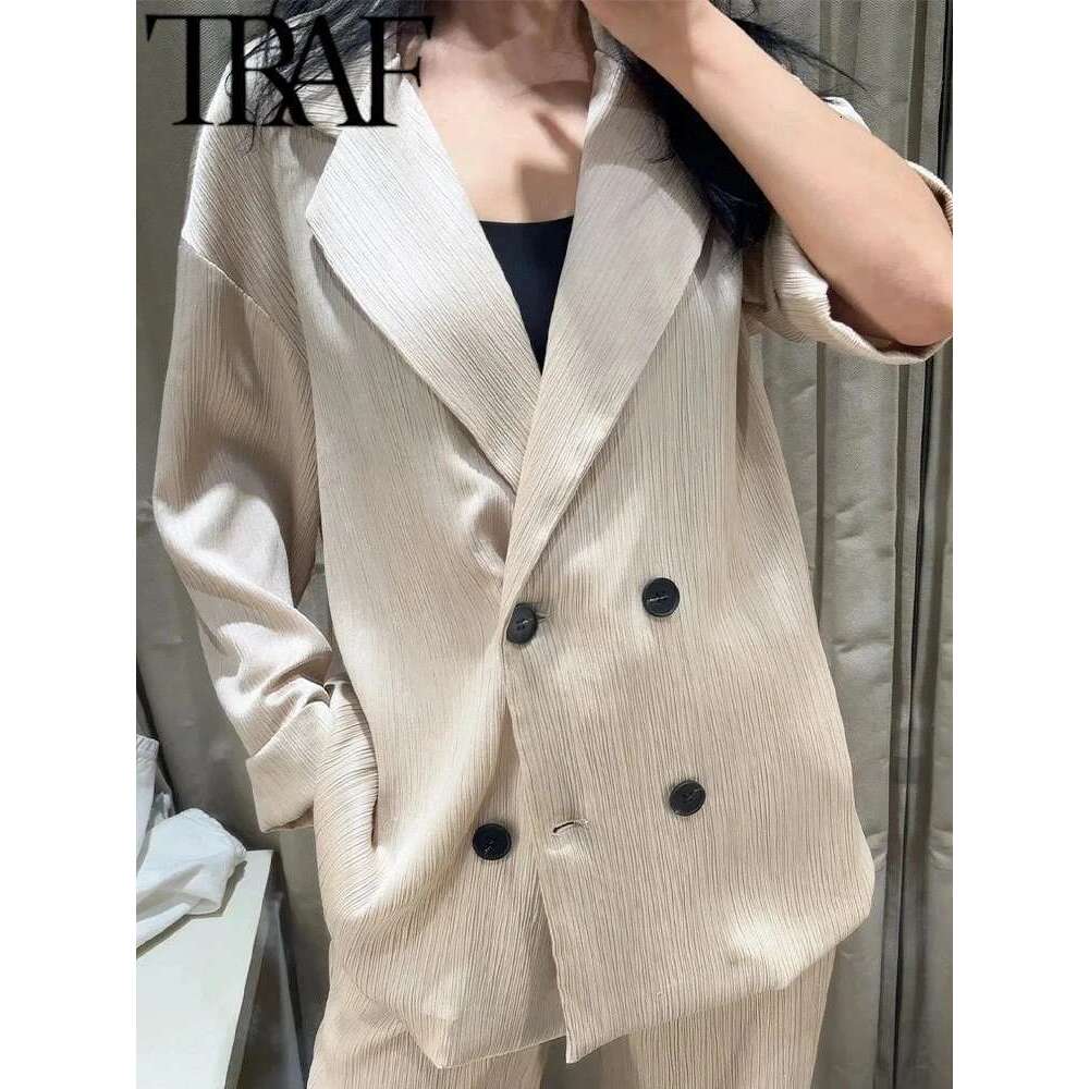 TRAF ROBE Y2k Women Sets Wide Leg Pants 2025 Spring Wrinkle Effect Oversize Office Jacket Coat Loose Blazer Suits OL Outfits