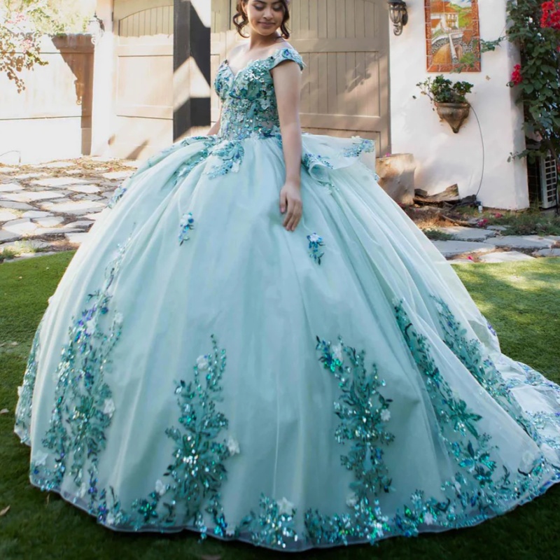 Mint Green Quinceanera Dresses Off Shoulder Ball Gown Sweet 16 Dress Sequin Applique Lace Beads Bow Tull Birthday Party Vestidos 15 De Anos