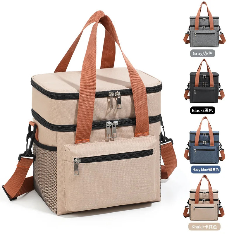 Multi functional doublelayer handbag cooler lunch bag suitable for women large capacity travel picnic box with shoulder strap 250401