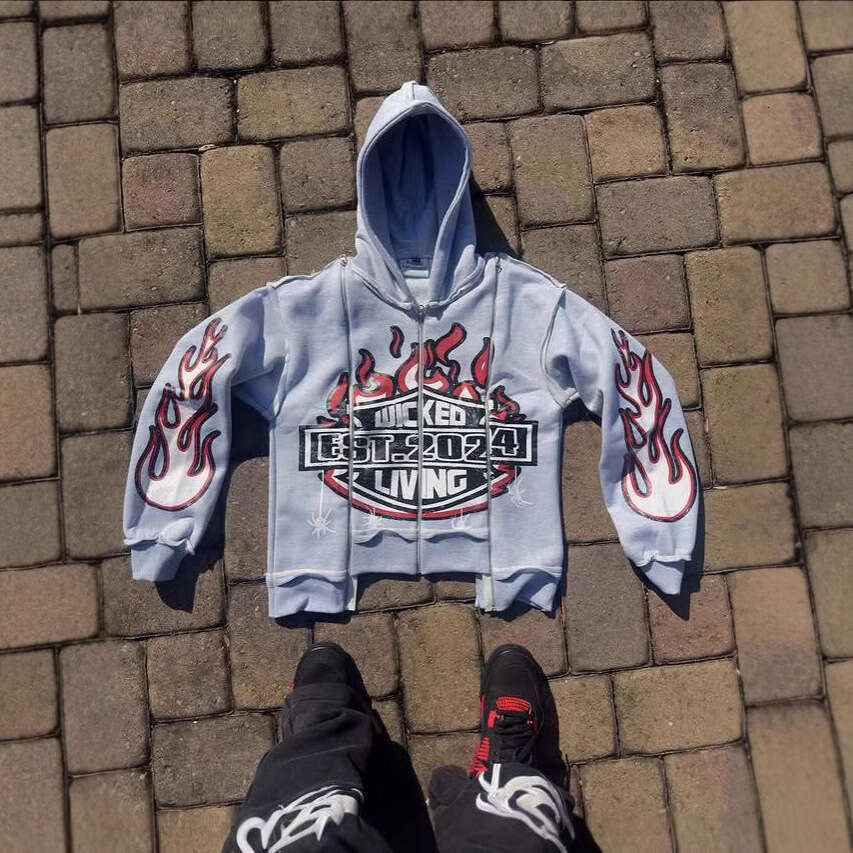 American y2k loose street style unisex spliced flame print pattern pullover hoodie