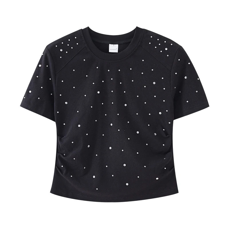 Korean style womens T-shirt Ropa Mujer fashion heavy diamond short sleeved O-neck summer Korean T-shirt casual crop top Y2k T-shirt 250402