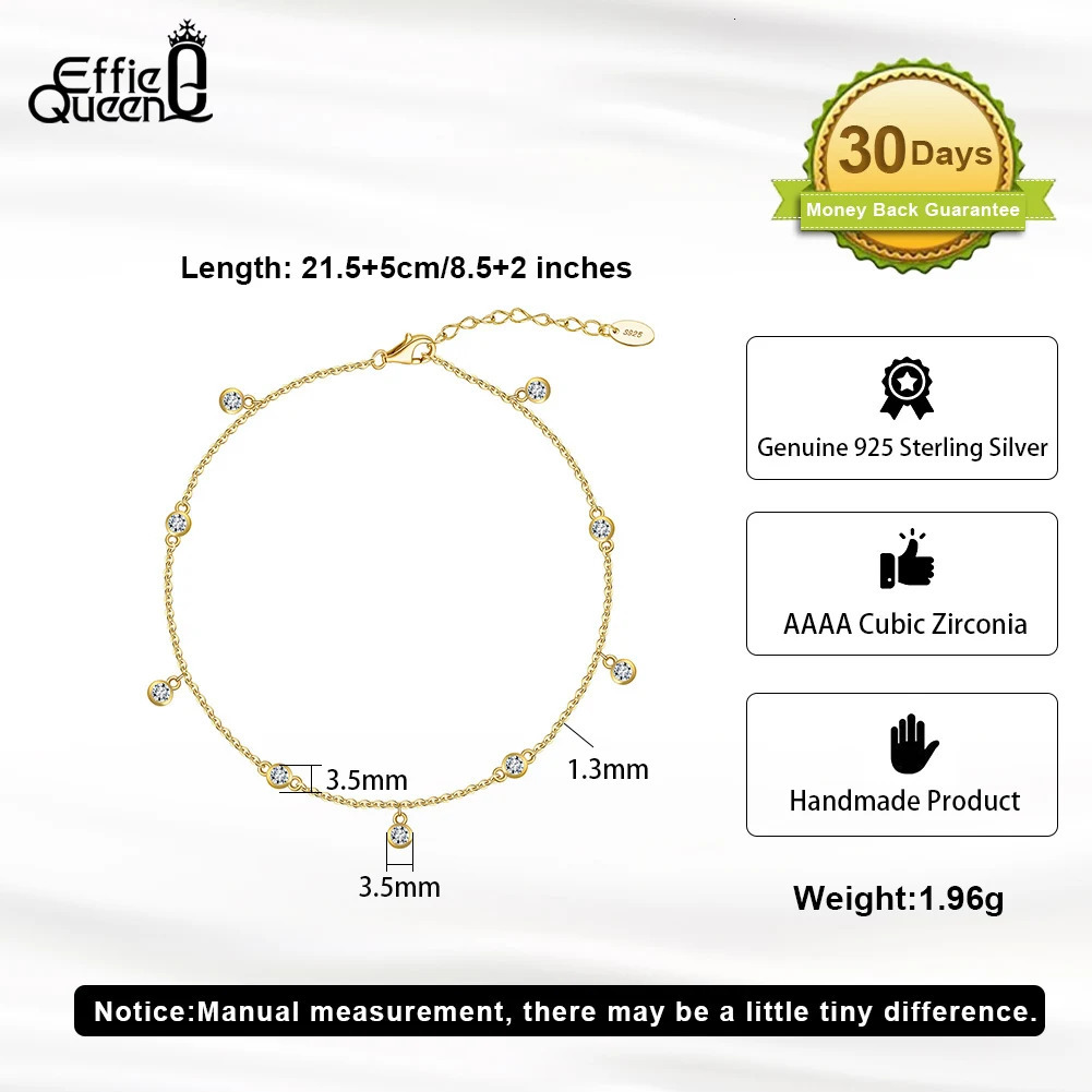 Effie Queen 925 Sterling Silver Row Cubic Zirconia Beaded Ball Chain Anklet for Women Fashion Foot Ankle Straps Jewelry SA70 250403