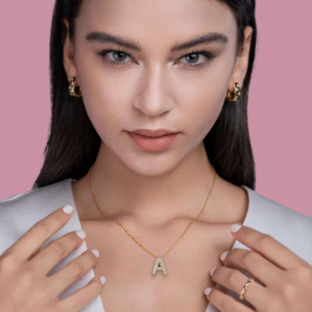 Silica pendant necklace, 26 letter gold-plated paving silica men's and women's jewelry
