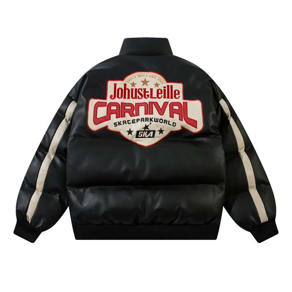 Spliced Patch Embroidery Padded Mens High Street Winter Thick Stand Collar Long Sleeve Leather Bread Jacket Men