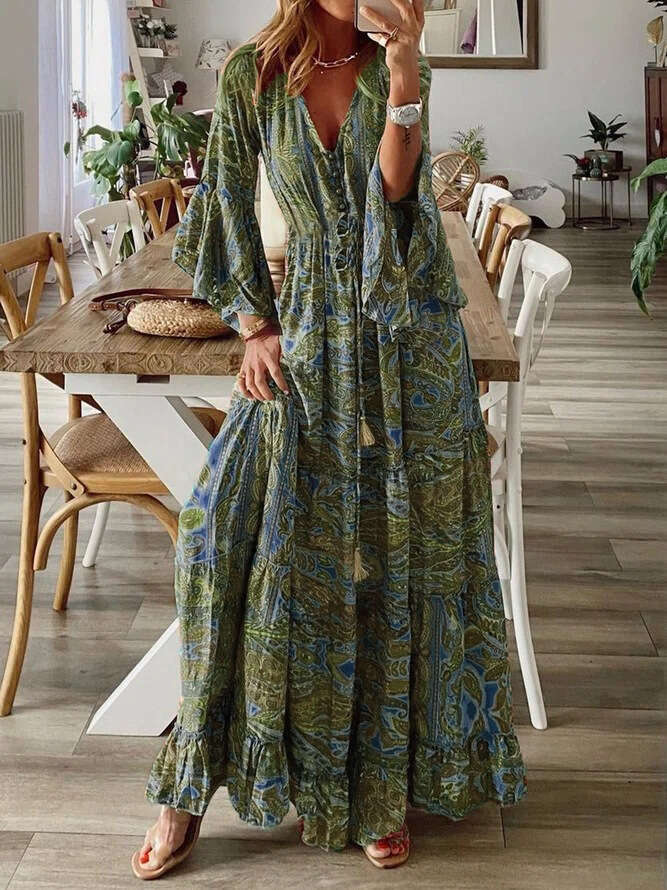 2025 Cross-Border Bohemian Style Bell Sleeve Printed V-Neck High Waist Vacation Floral Women's Long Dress