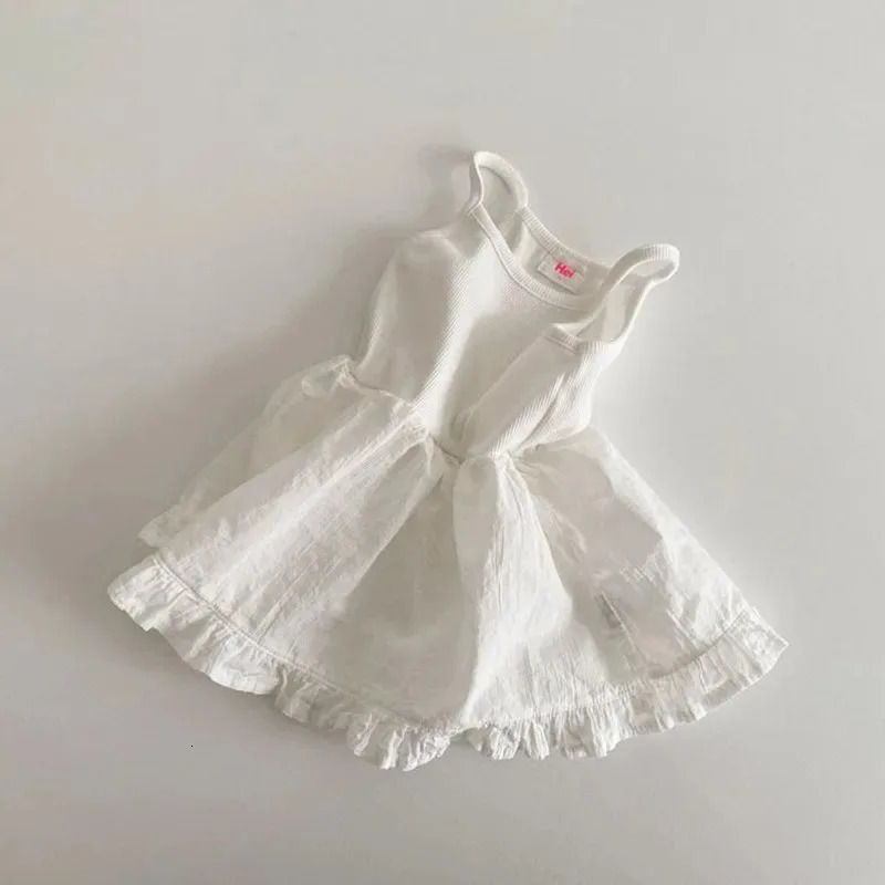 Korean Style Summer Cotton Dress Baby Girls Princess Ruffle Edge Dress White Sleeveless Camisole Kids Casual Suspender Skirts 250407
