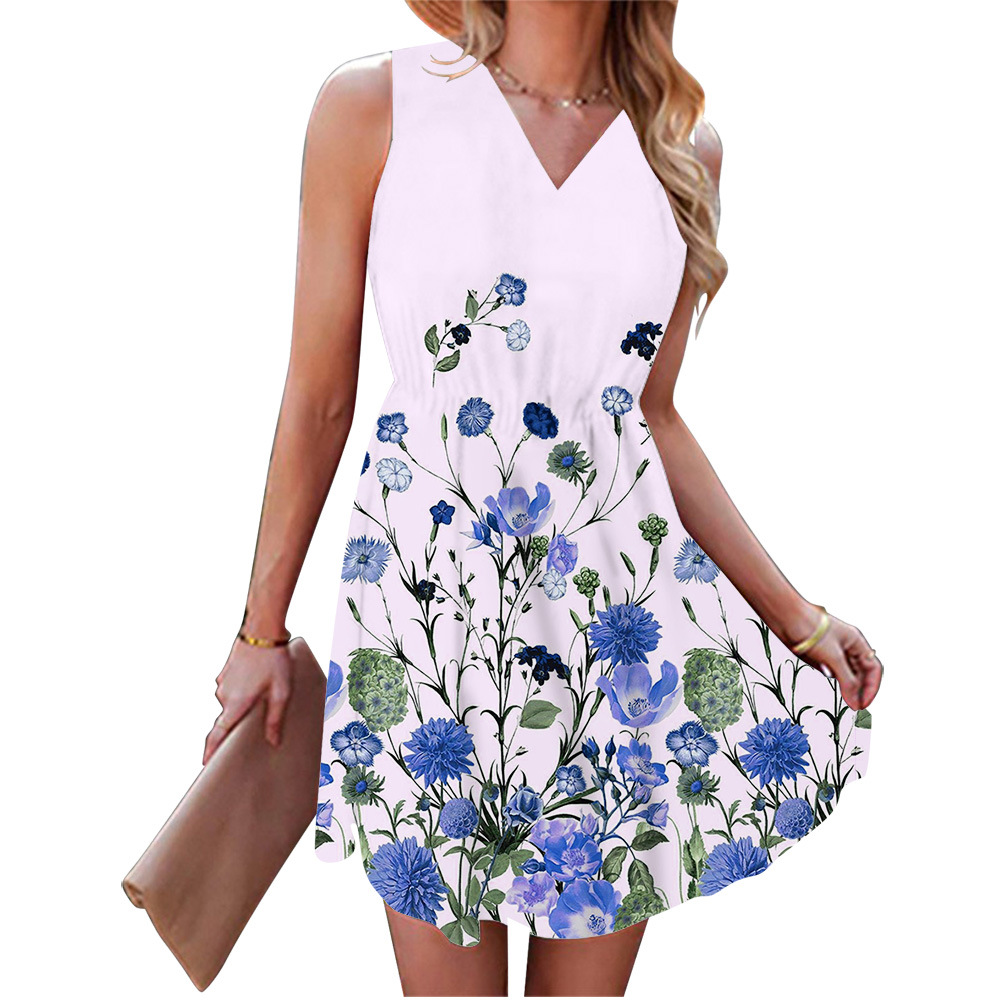 S441Stylish V-Neck Sleeveless Printed Mini Dress for Women - Ideal for International Markets