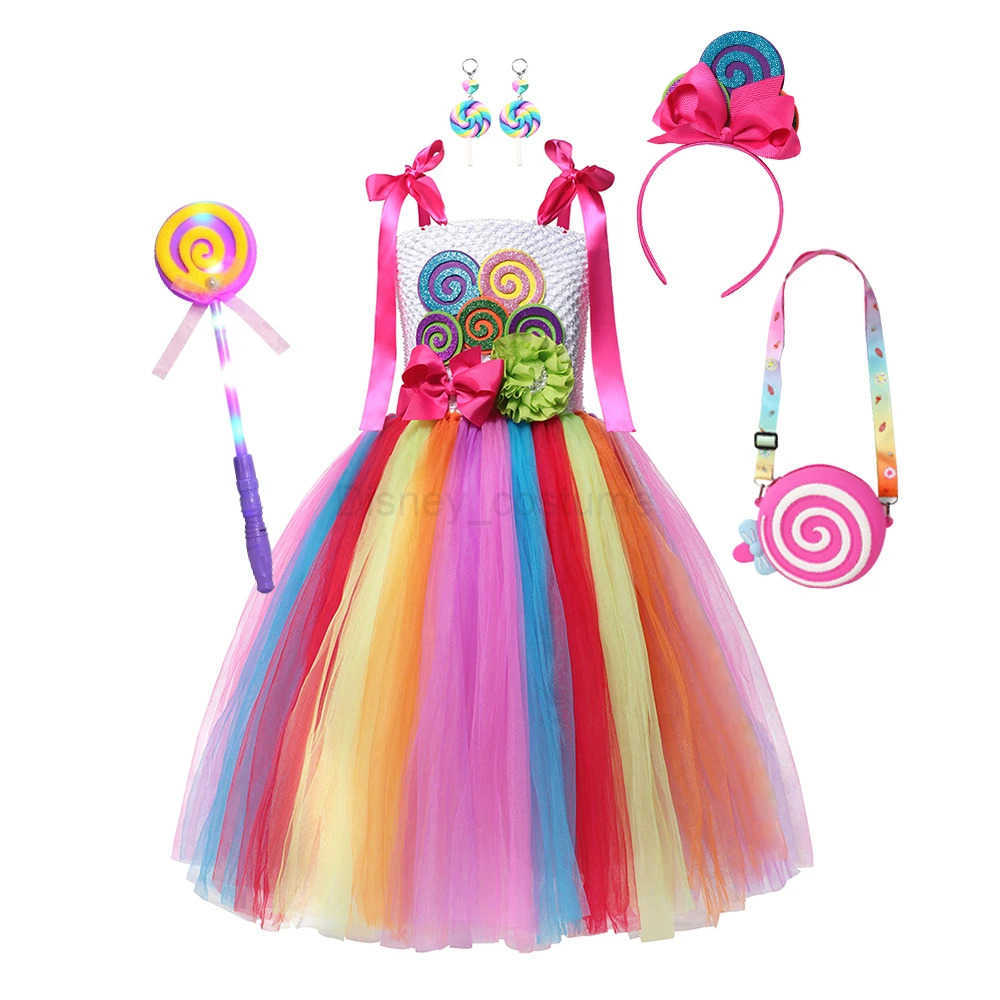 Disney Rainbow Lollipop Girls Dress Sweet Purim Festival Celebrate Costume Fancy Carnival Children Vestidos Princess Cosplay Outfits X250408