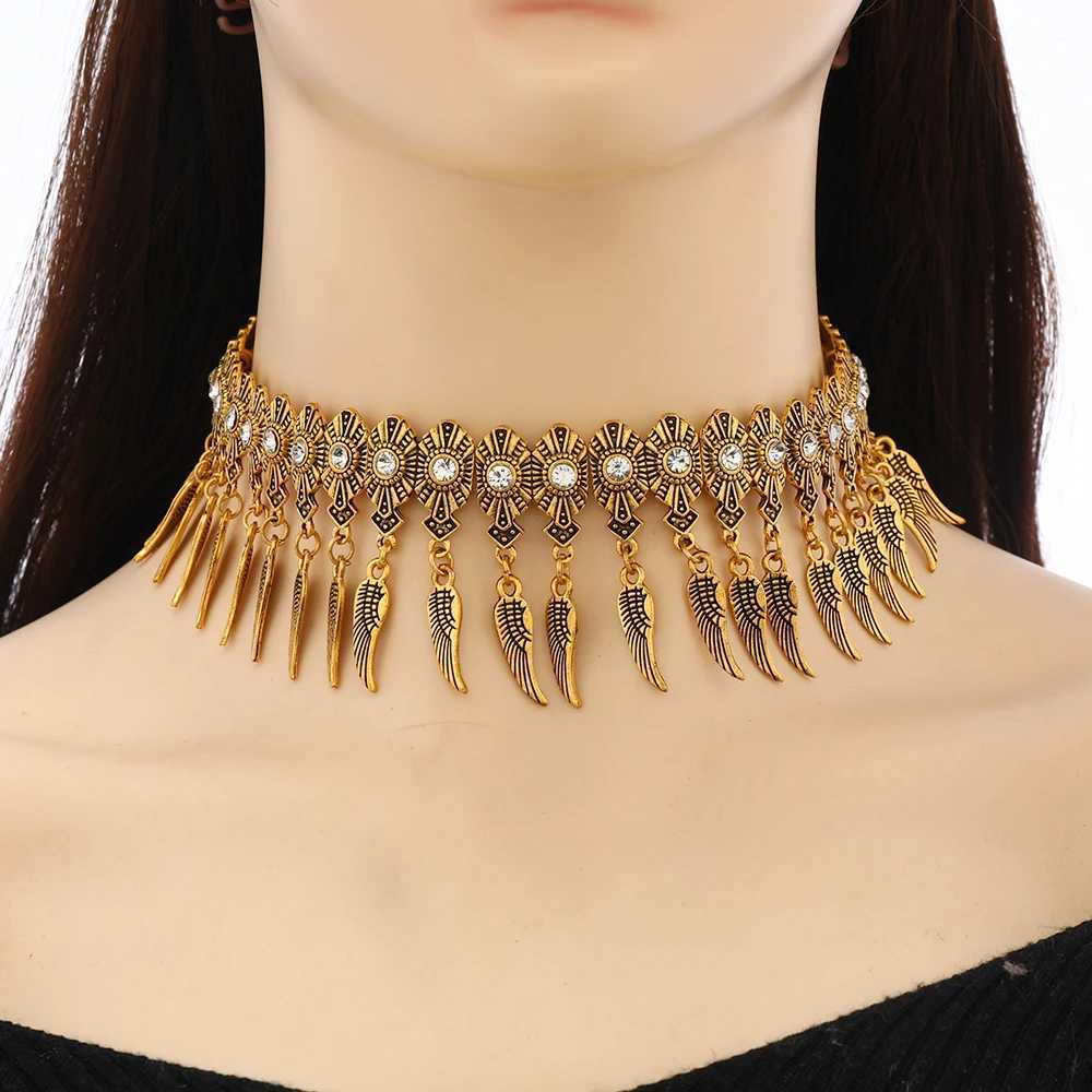 2025 Trend Neck Jewelry Bohemian Ethnic Style Vintage Alloy Rhinestone Wings Tassel Choker Necklace For Women Party AccessoriesC250407