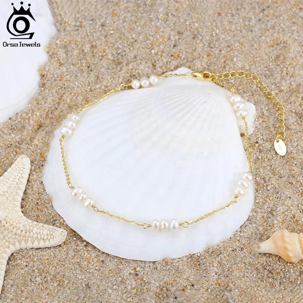 ORSA JEWELS 14K Gold 925 Sterling Silver Natural Pearls Chain Anklets for Women Fashion Foot Bracelet Ankle Straps Jewelry SA36 250403