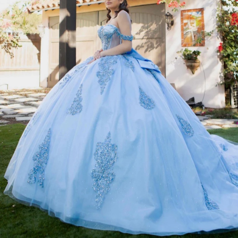Sky Blue Quinceanera Dresses Off Shoulder Ball Gown Sweet 16 Dress Applique Lace Beads Bow Tull Birthday Party Vestidos 15 De Anos