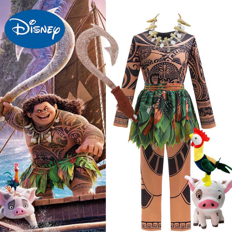 Disney Moana 2 Maui Cosplay Jumpsuits Tattoo Costume Boys Girls Maui Print Leaf Suits Movie Character Halloween Costume 2-10Yrs X250408