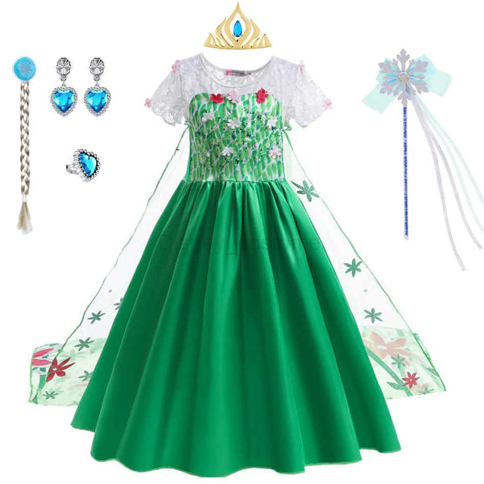 Disney Elsa Green Childrens Dress Girl Princess Dress Childrens Long Dress Flower Lace Ball Dress Summer X2504081
