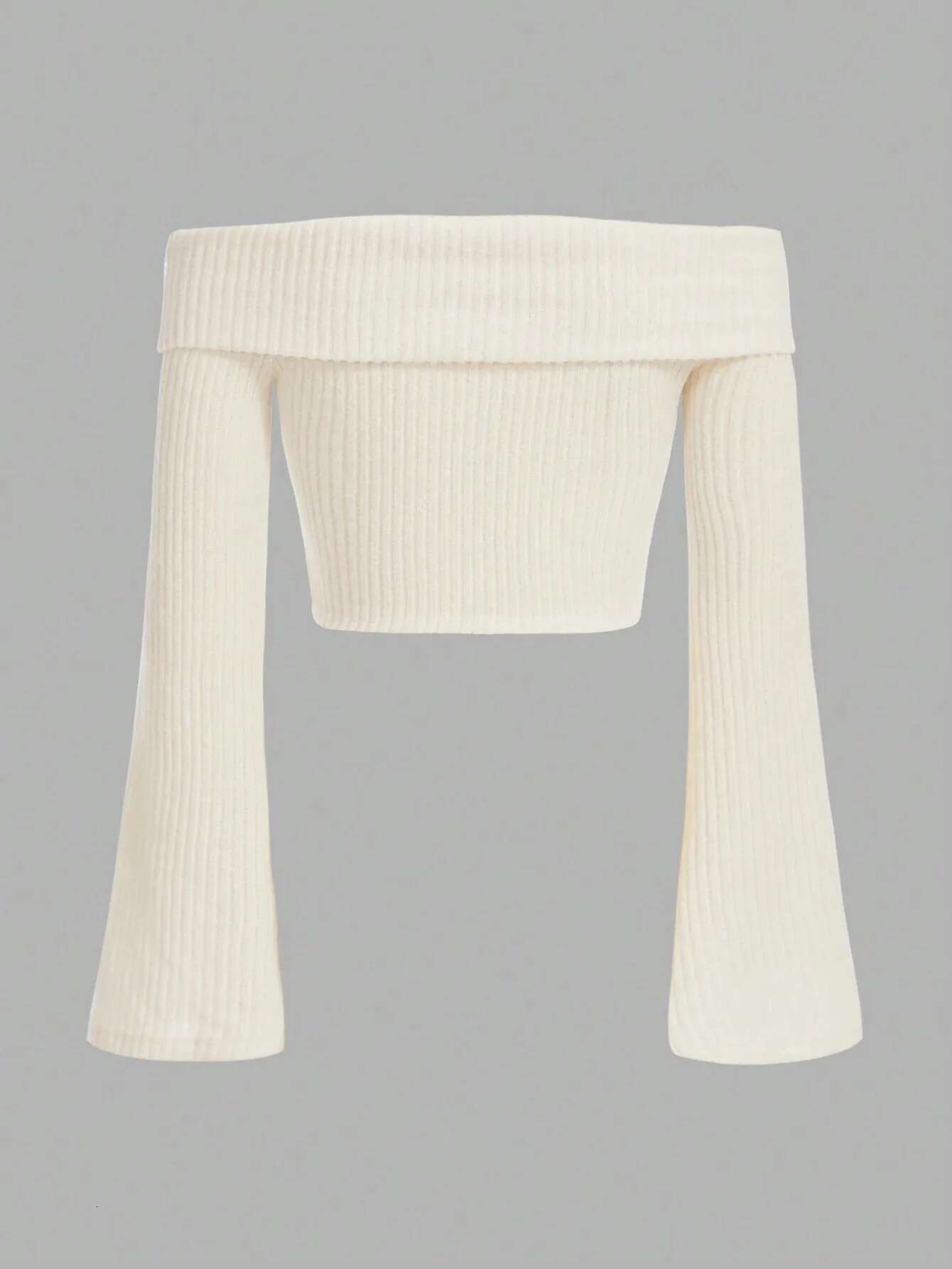 Sexy Off Shoulder Flare Sleeve Crop Top Women Fall Spring 2024 Solid Rib-Knit Fleece Cropped Blouse T Shirts Streetwear Y2k