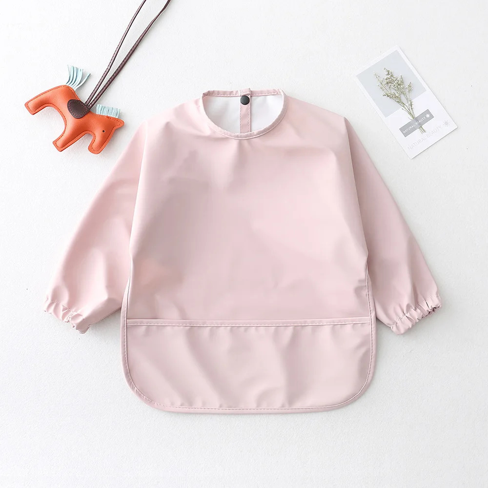 Solid Color Kids Baby Feeding Bibs Waterproof Long Sleeve Apron with Pocket Toddler Burp Cloth Boys Girls Anti-dirty Art Smock 250408