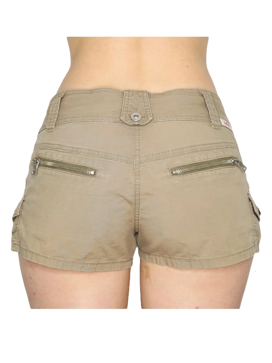 Women Sexy Y2K Cargo Shorts Solid Retro Low Cut Elastic Pocket Joggers Vintage Denim Short Sweatpant Streetwear 250408