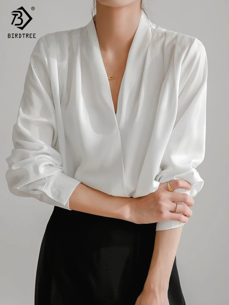 Spring Womens Elegant Satin Shirt Lantern Sleeve V-neck Office Navy Blue Shirt Retro Autumn Casual Top T24401X 250402