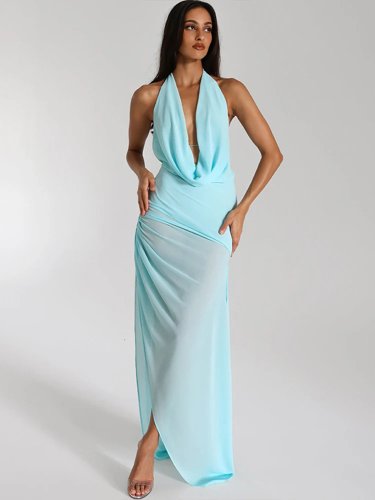 Nibber Fashion Side Split Sexy Dress Women Multilayer Knot Ribbon Halter Swing Collar Backless Sleeveless 2 Ways Wear Bodycon 250408