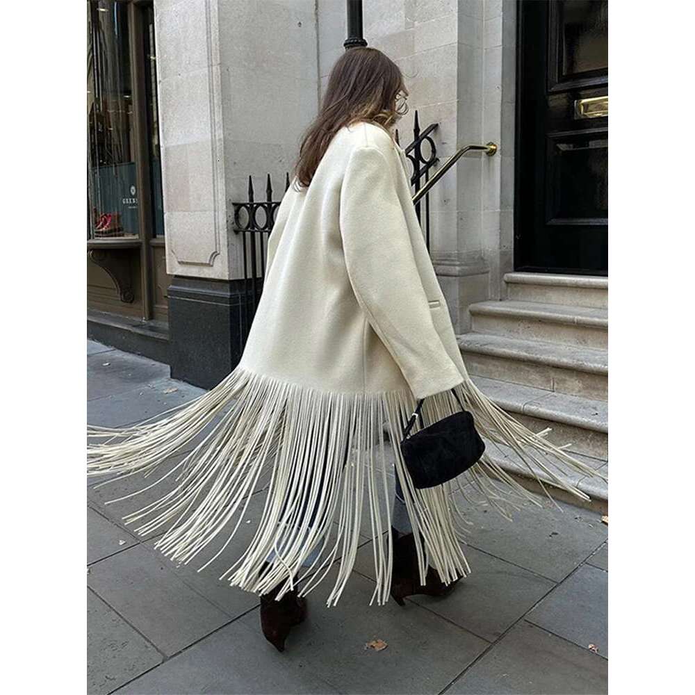 Fashion Woolen Tassels Long Coats For Women Turn-Down Collar Single Breasted Pockets Jacket Female Elegant Solid Lady Overcoats