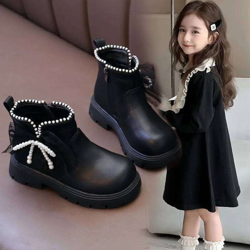 Princess Style Kids Leather Ankle Boots with Beaded Bow Soft Sole for Girls Autumn New 2025 Classic Christmas Party Footwear