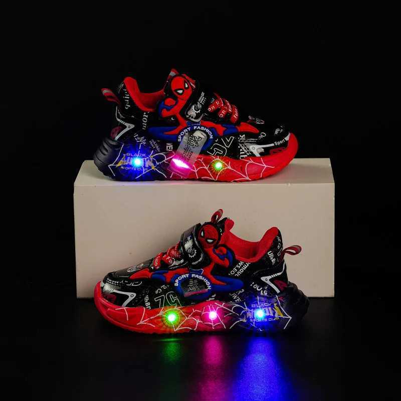LED casual sports shoes red black suitable for Spring Boys Spiderman outdoor sports shoes childrens light non slip shoes size 21-30 W250407