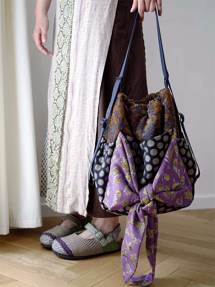 Vintage High Quality Purple Fabric Women Backpack Multifunctional Large Capacity Spliced Printed Hand-Held Shoulder Bag For Girl