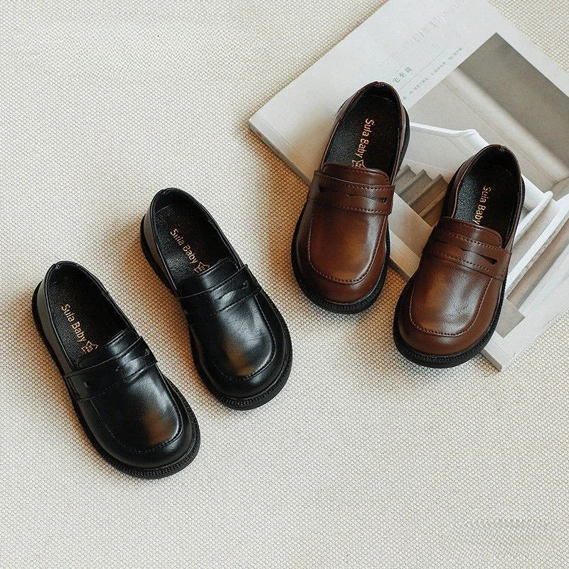 2-8Y Childrens British Leather Shoes Spring Versatile Comfortable Boys Girls Black Single Shoes Retro Soft Leather Shoes 250407