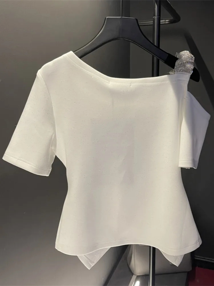 White T-shirt for Women Ropa Mujer Short sleeved O-neck Summer T-shirt Y2k Top Fashion Diamond T-shirt Casual Irregular T-shirt 250402
