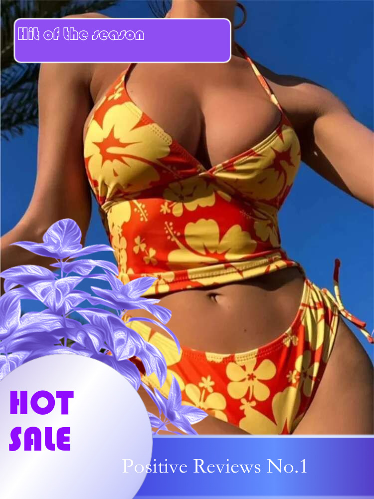 Dongdumaoyi Sexy Yellow Floral Print Bikinis Set Women Halter Push Up Crop Top Swimsuit Beach Bathing Suit Lace High Waist Swimwear