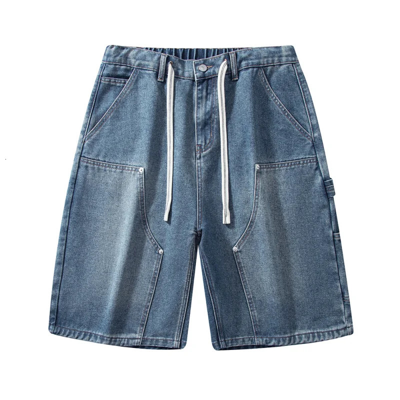 Mens loose straight leg elastic waist mid length washed denim jeans shorts 250402