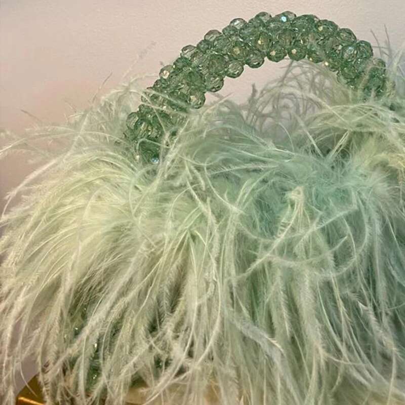 2Size Acrylic Bead Evening Bag With Ostrich Feather Fur Designer Brand Clear Tote Handbag Women Party Purse Handmade