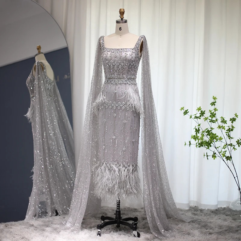 Sharon said sparkling grey mermaid evening gown with Cape feathers Dubai formal dress customized SS279 for womens wedding parties 250402