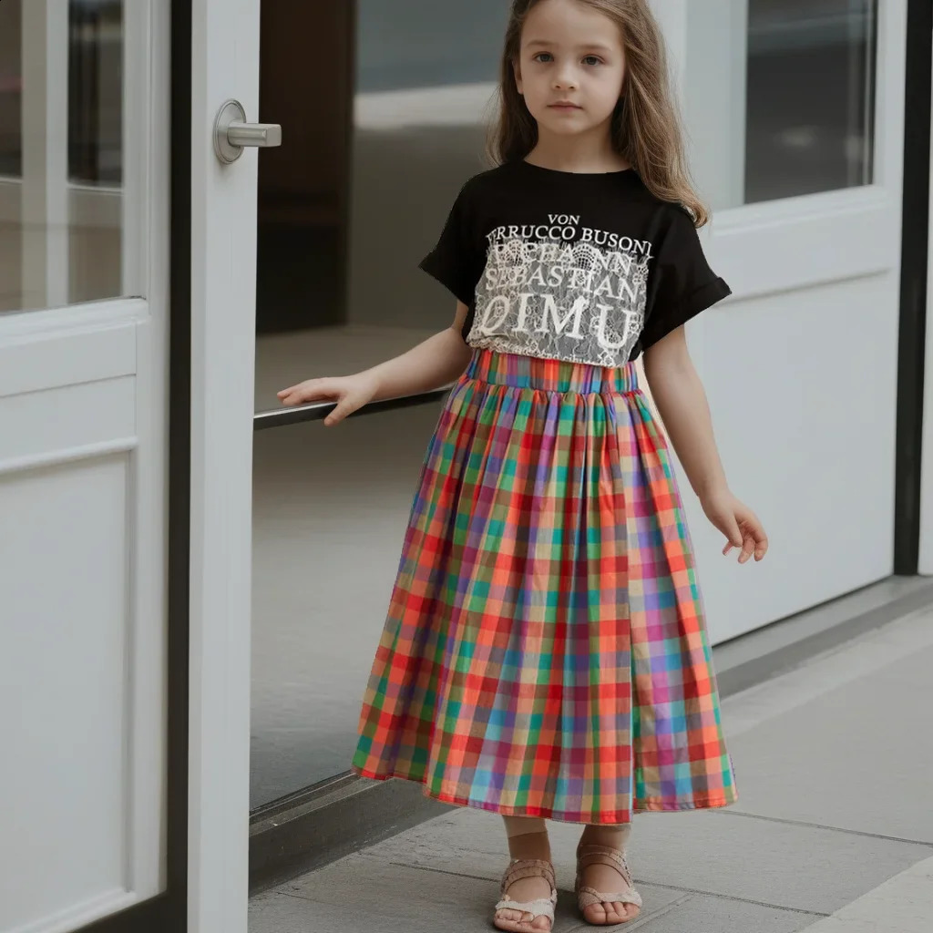 Teenager Kids Long Skirt Cotton Rainbow Plaid Skirt for Girls Spring Summer Casual Daily Simple Versatile Skirt 6 8 10 12 Years 250408