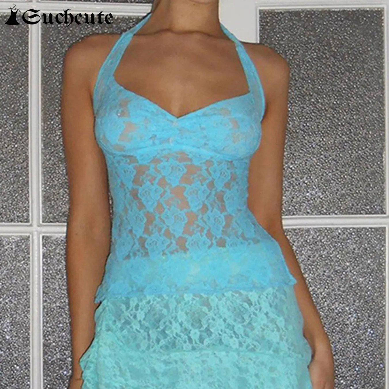 SUCHCUTE Sexy Clubwear Transparent Vest Bandage Halter Y2K Crop Tops Retro Lace Sheer Mesh Backless Camisoles Going Out Clothes 250407
