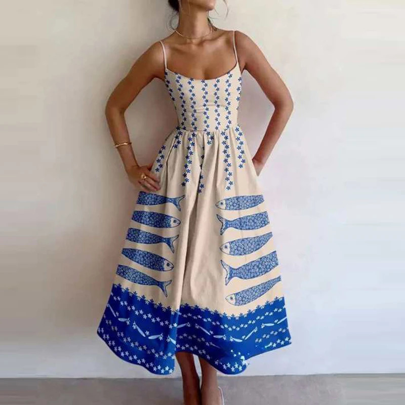 Summer Ethnic Style Women Dresses Casual Strap Off Shoulder Holiday Dress All Match Printed Tie-up Loose Pocket Maxi Dress 250407