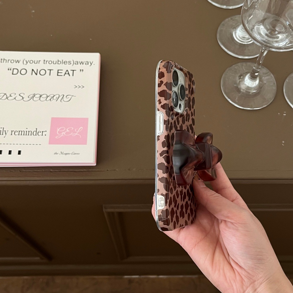 Full Edge Leopard Print Bow Stand Phone Case Compatible with iPhone 17/16 Pro Max Personalized iPhone 15/14