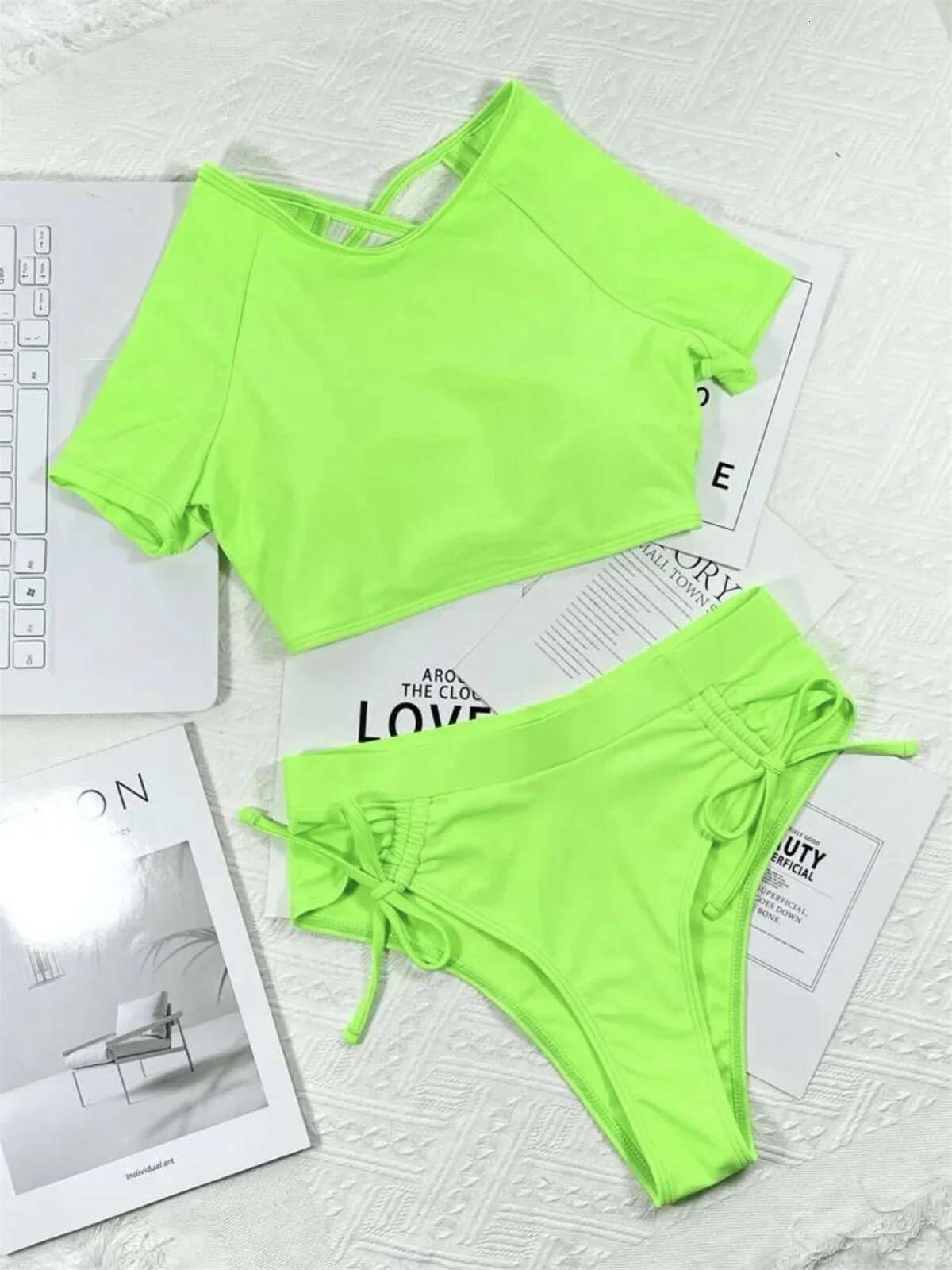 Dongdumaoyi Sexy Neon Geen Bikini Women Summer Short Sleeve Sport Black Swimsuit Bathing Suit Drawstring Bandage High Waist Swimwear