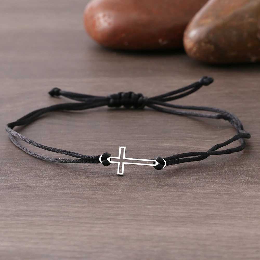 Stainl Steel Bracelets Gothic Hollow Cross Hand Braided Lucky Black Rope Fashion Charm Bracelet For Wen Jewelry GiftsC250408