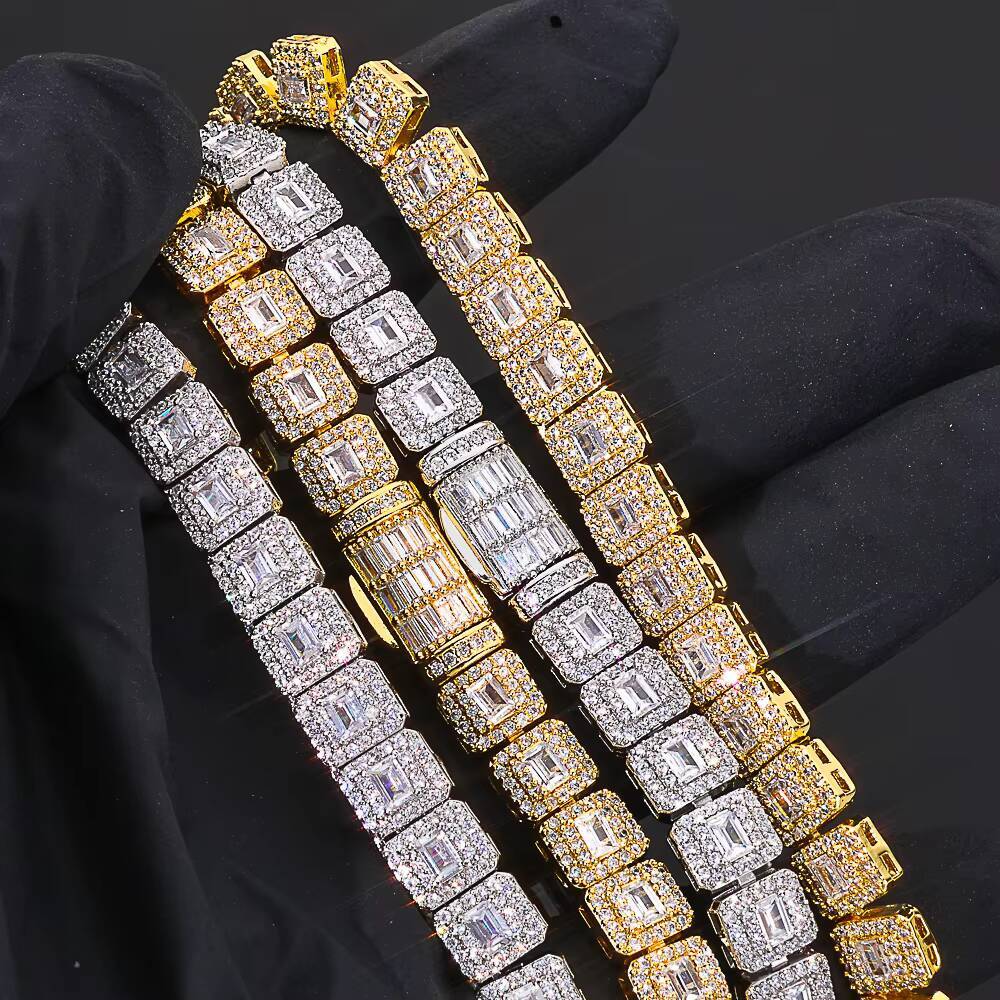 NUOYA Women Hip Hop Fine Jewelry Iced Out Tennis Chain Mixed Baguette Round Cut Moissanite Gold Plated Necklace