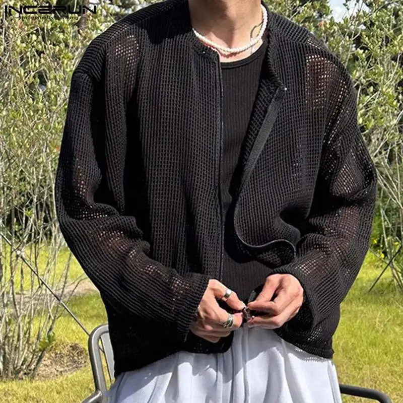 Fashion Well Fitting Tops INCERUN Mens Hollow Grid Zipper Shirts Casual Streetwear O-neck Long Sleeved Blouse S-5XL 250407