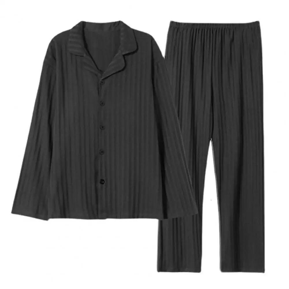 Comfortable milk silk casual wear fashionable mens autumn and winter pajamas set with striped plain printing color matching lapel single breasted long