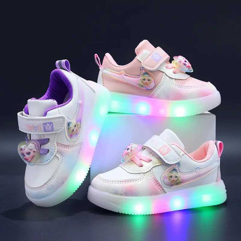 Boutique Fashion Girls Casual Sneakers Elsa Princess Cute Childrens LED Light Shoes Spring/Summer Baby Board Shoes W250407