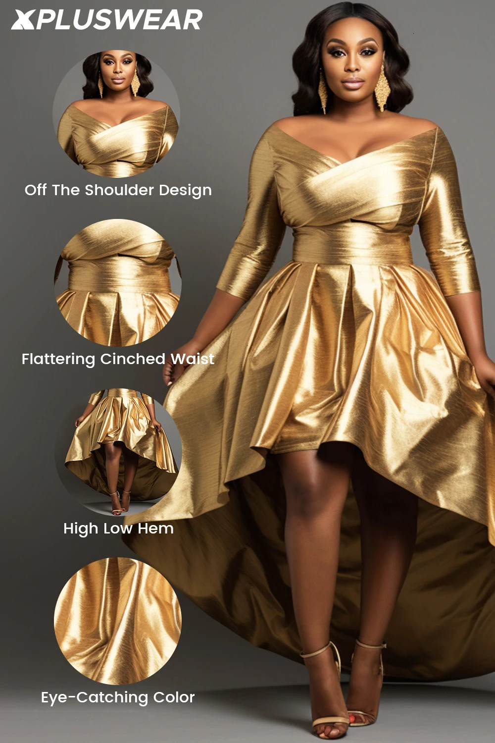 Large Cocktail Party Gold Shoulders 34 Sleeves Asymmetric Hem Sparkling Long Dress 250401