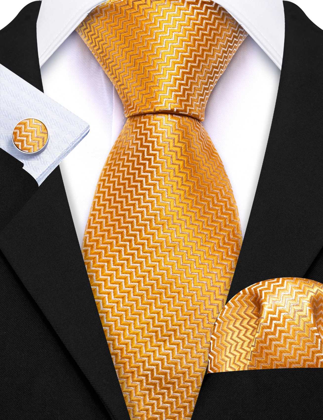 Classic Gold Silk Men Necktie Fashion Stripe High Quality Handkerchief Cufflinks Set Wedding M Ties Business Party Barry. X250407