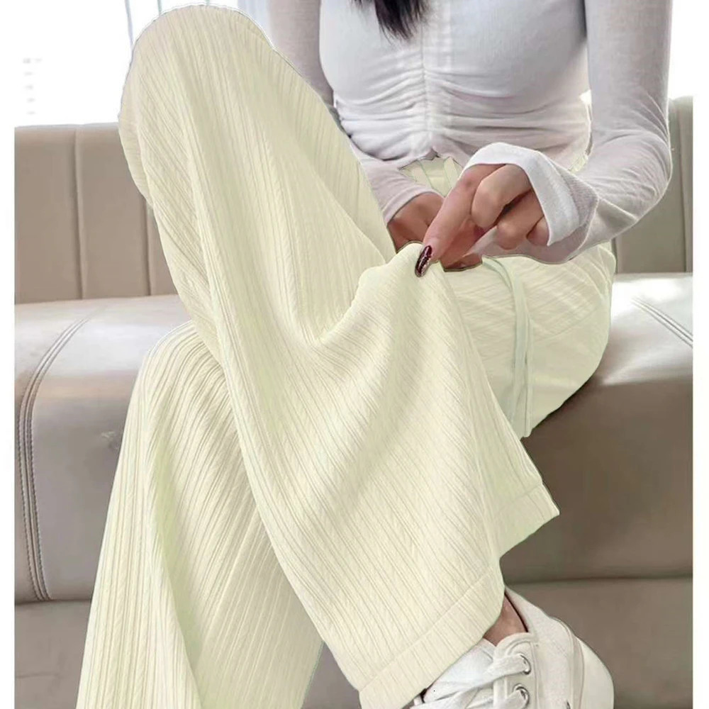 Straight pants womens high waist wide leg mens solid hem feel loose casual thin print dress OL simple 250407
