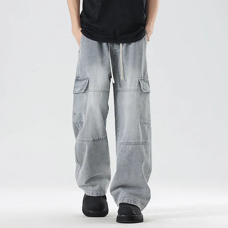 Mens Work Jeans Spring Collection Elastic Waist Pants Loose Straight Wide Legs Street Hip Hop Backpack Fashion 250408