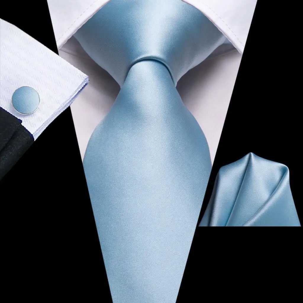 Hi-Tie Light Blue Solid Silk Wedding Tie For Men Fashion Design Handky Cufflink Mens Elegant Necktie Business Party Dropsing X250407